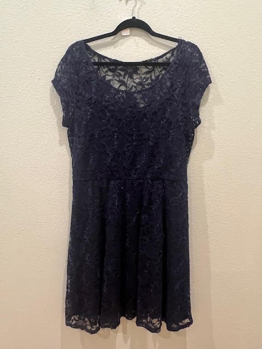 Unbranded Woman XL Navy Sequined Lace Fit and Flare Cap Sleeve Dress